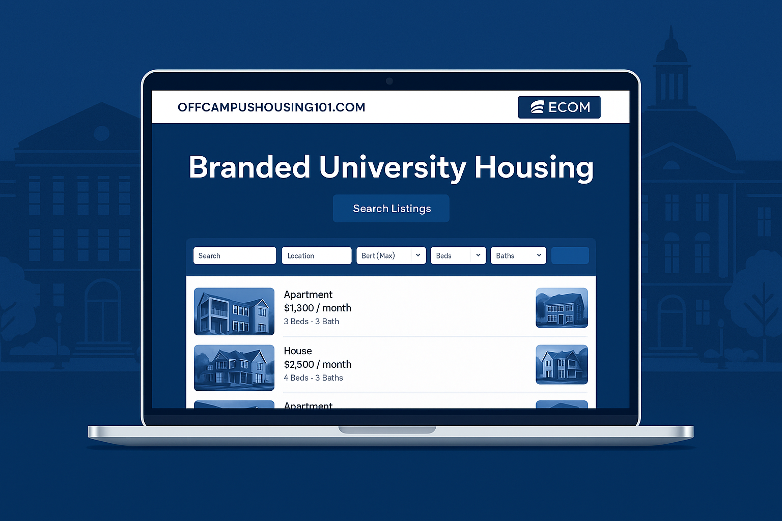 ECOM Media Group housing platform preview on laptop screen